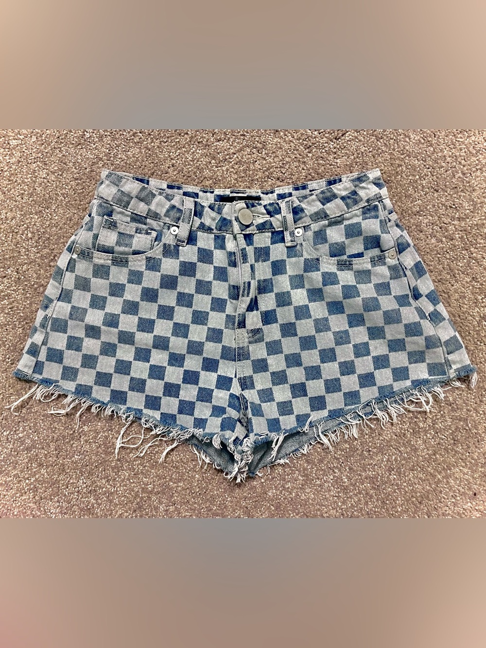 Aqua Blue Denim Checkerboard Frayed Hem Shorts, Cutoff Jorts, Women’s Size 24